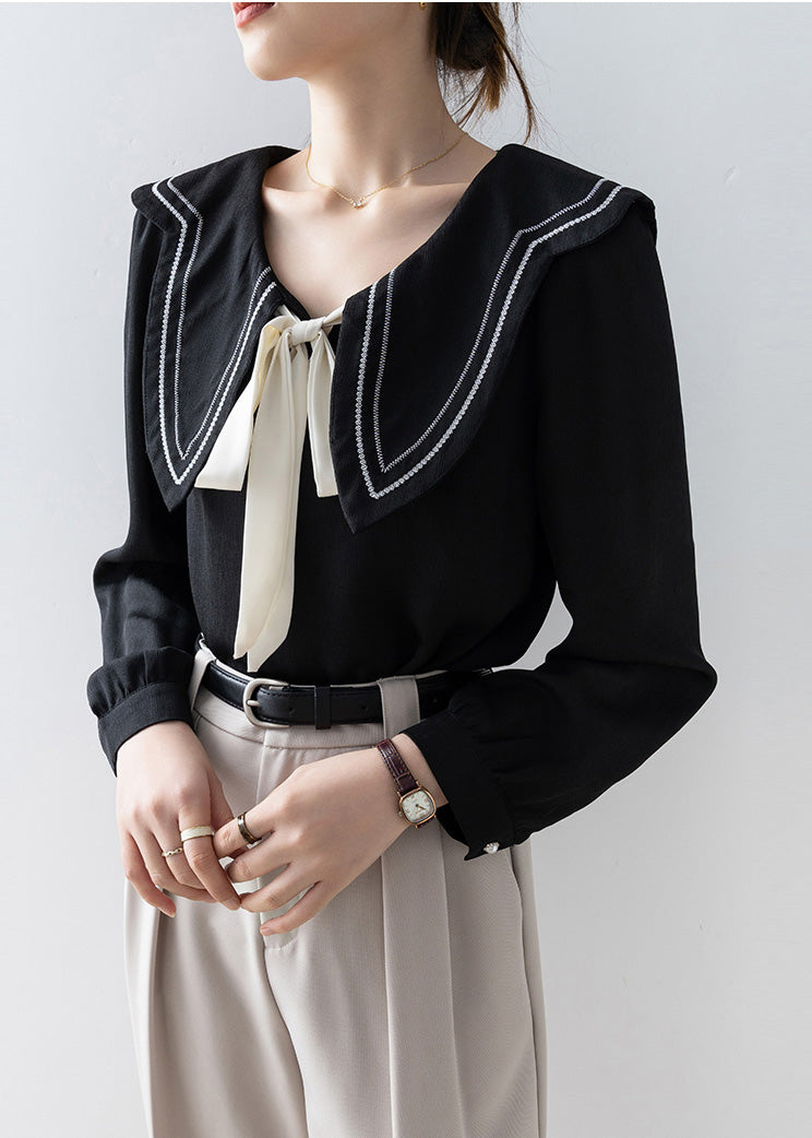 French Black Sailor Collar Bow Chiffon Shirt Top Spring
