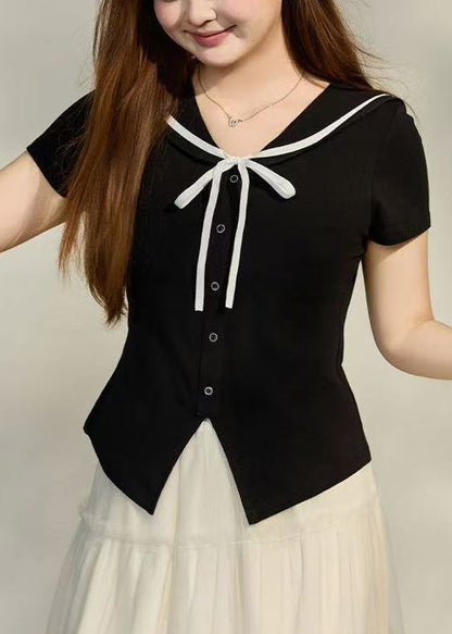 French Black Sailor Collar Side Open Cotton Tops Summer