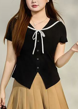 French Black Sailor Collar Side Open Cotton Tops Summer
