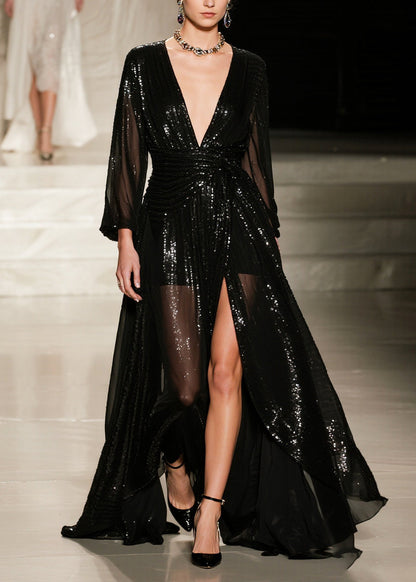 French Black Sequins Exra Large Hem Side Open Tulle Party Dresses Summer