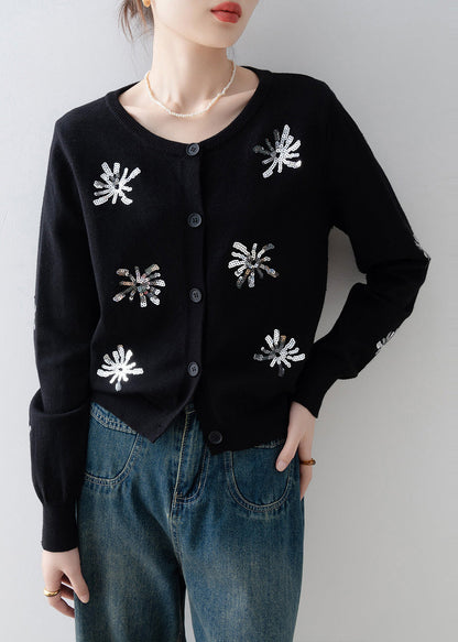 French Black Sequins Warm Knit Cardigan Winter