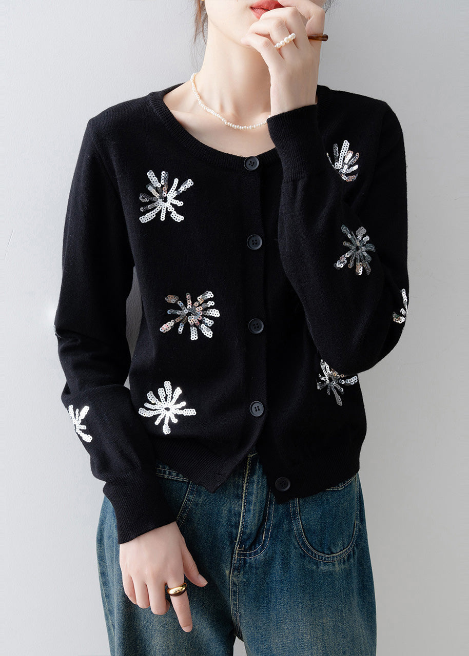 French Black Sequins Warm Knit Cardigan Winter
