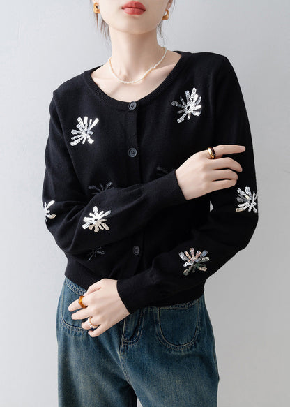 French Black Sequins Warm Knit Cardigan Winter