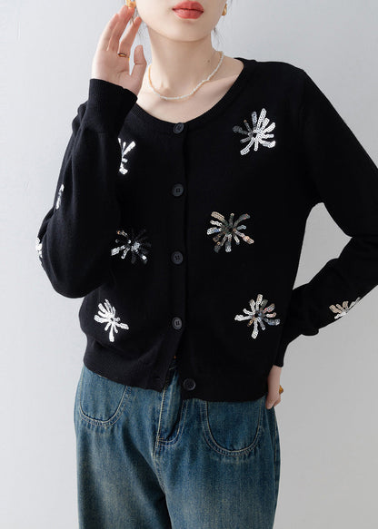 French Black Sequins Warm Knit Cardigan Winter