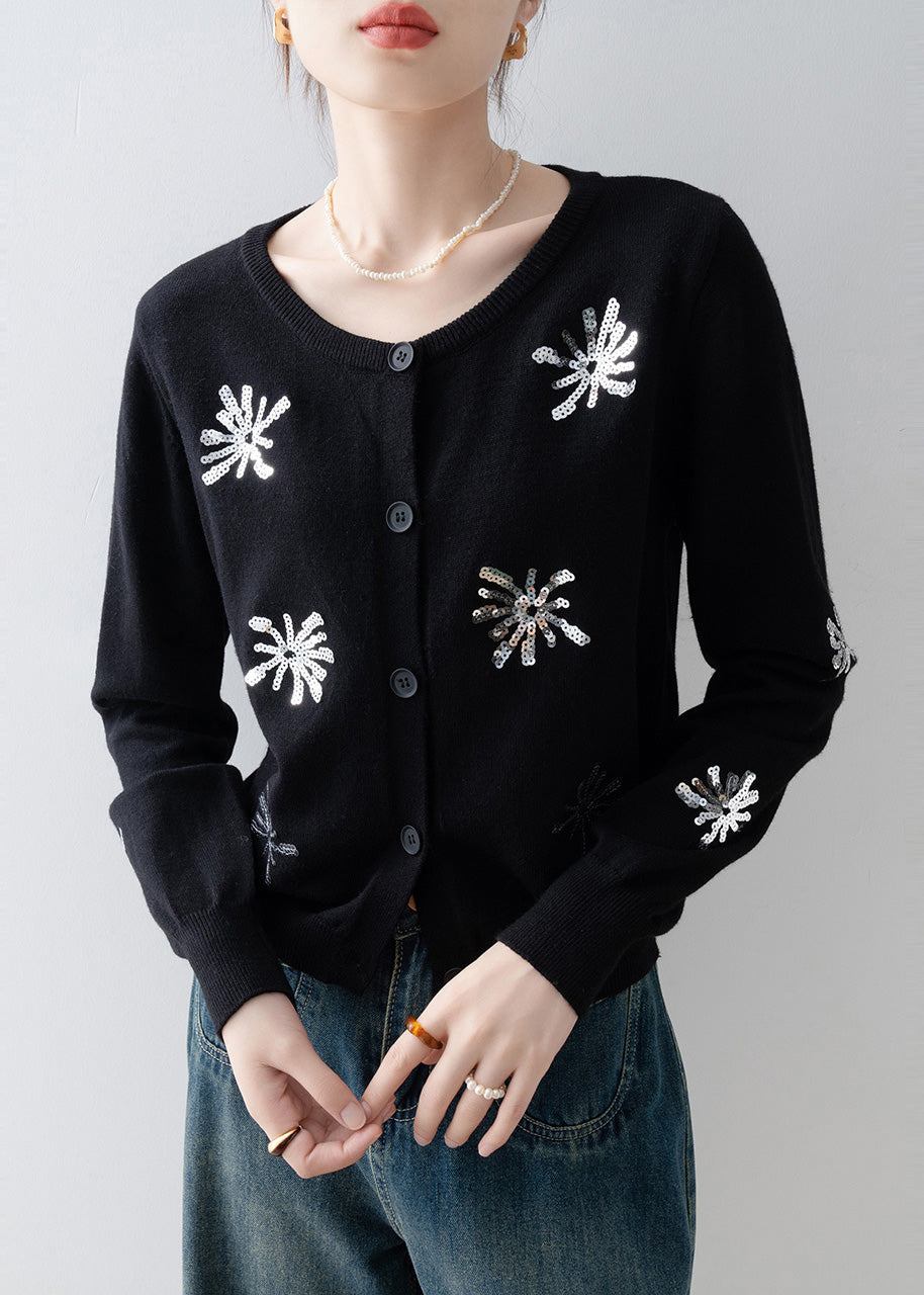 French Black Sequins Warm Knit Cardigan Winter