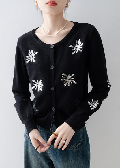 French Black Sequins Warm Knit Cardigan Winter