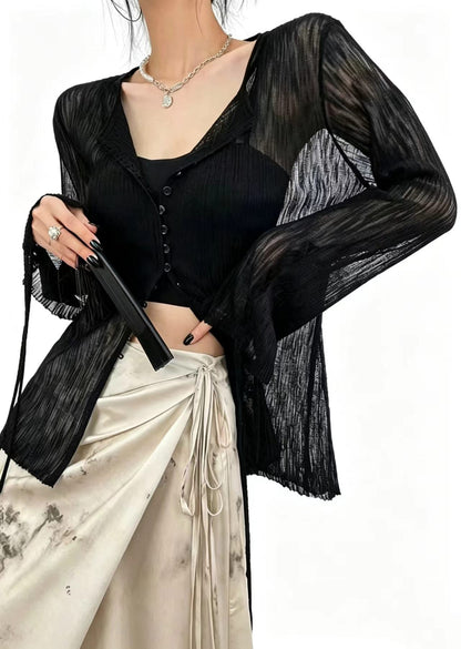 French Black Sheer Ice Silk Cardigan Flare Sleeve