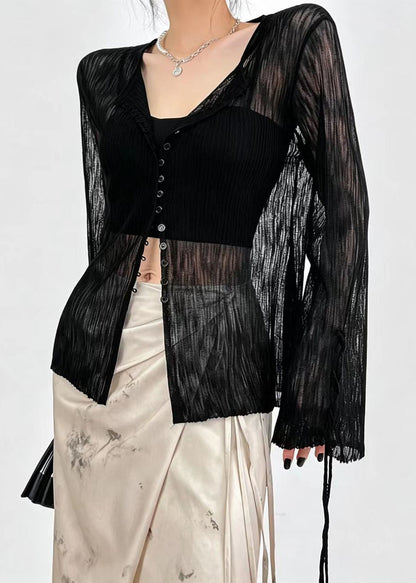 French Black Sheer Ice Silk Cardigan Flare Sleeve