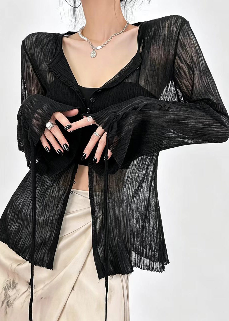 French Black Sheer Ice Silk Cardigan Flare Sleeve