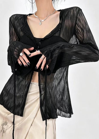 French Black Sheer Ice Silk Cardigan Flare Sleeve