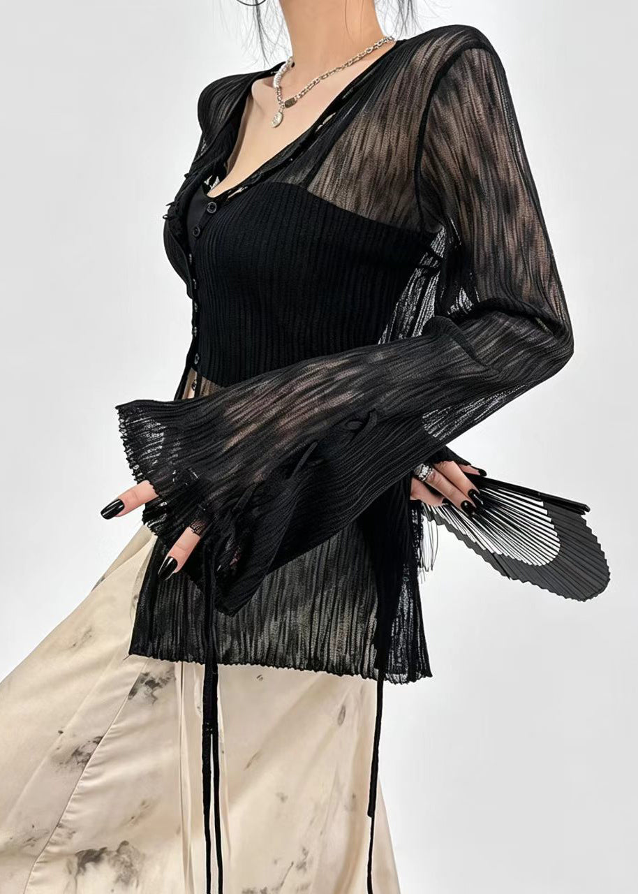 French Black Sheer Ice Silk Cardigan Flare Sleeve