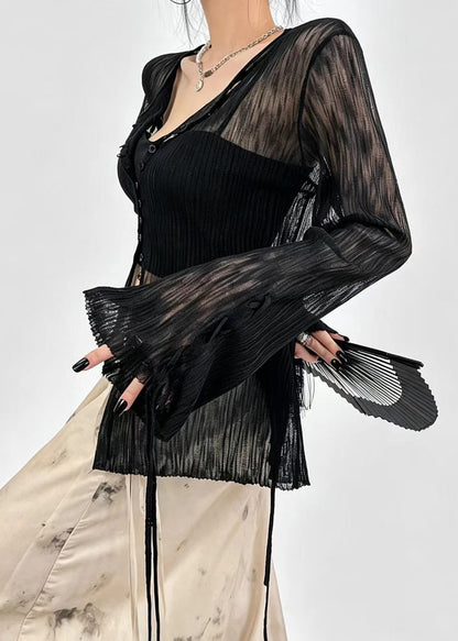 French Black Sheer Ice Silk Cardigan Flare Sleeve