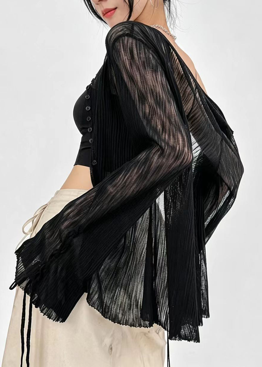 French Black Sheer Ice Silk Cardigan Flare Sleeve