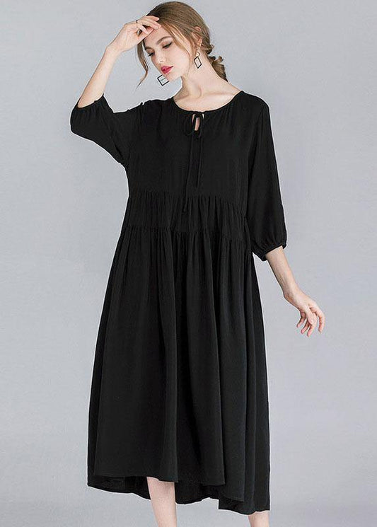 French Black Solid Patchwork Spring Three Quarter Sleeve Long Dresses - SooLinen