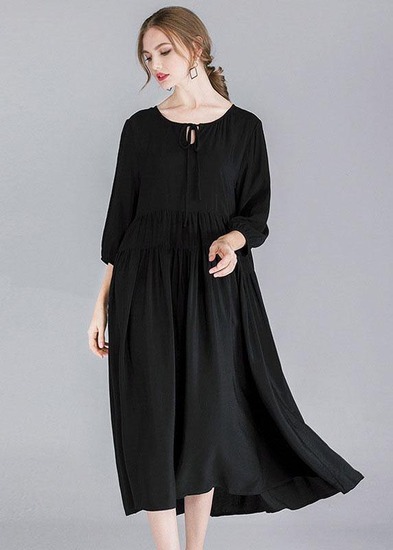 French Black Solid Patchwork Spring Three Quarter Sleeve Long Dresses - SooLinen