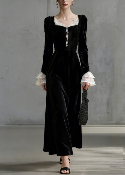 French Black Square Collar Lace Patchwork Silk Velvet Long Dress Flare Sleeve