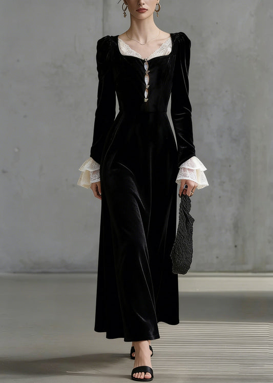 French Black Square Collar Lace Patchwork Silk Velvet Long Dress Flare Sleeve