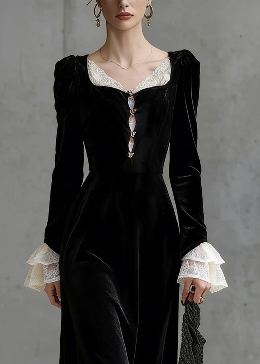 French Black Square Collar Lace Patchwork Silk Velvet Long Dress Flare Sleeve