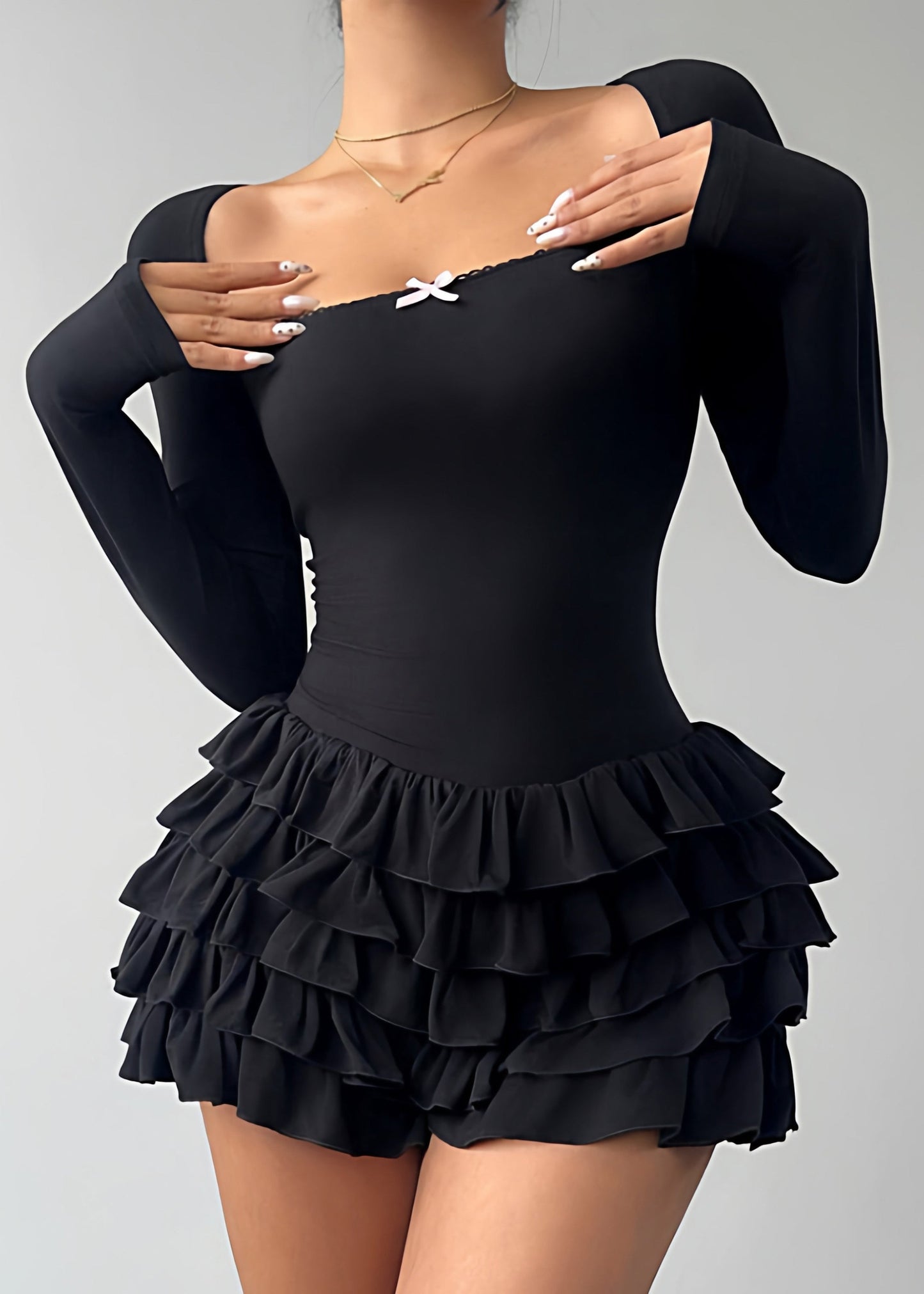 French Black Square Collar Patchwork Mid Dresses Long Sleeve