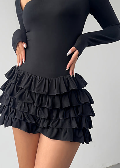 French Black Square Collar Patchwork Mid Dresses Long Sleeve