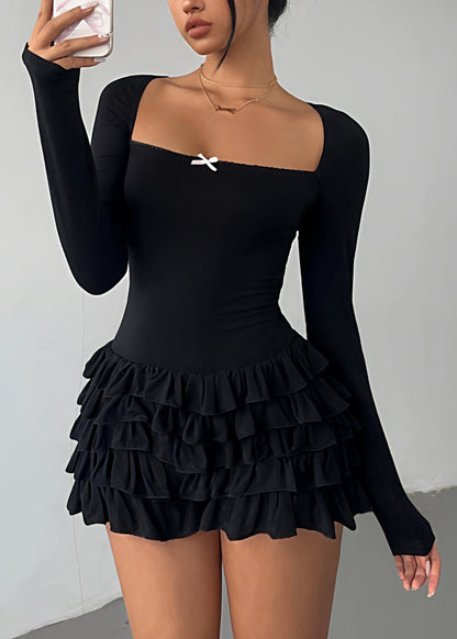 French Black Square Collar Ruffled Patchwork Cotton Mini Dress