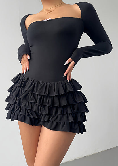 French Black Square Collar Ruffled Patchwork Cotton Mini Dress