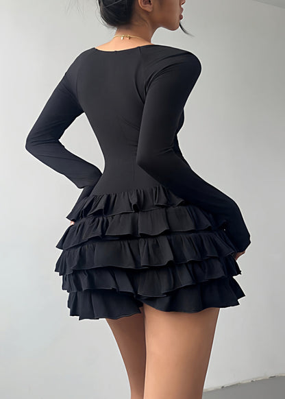 French Black Square Collar Ruffled Patchwork Cotton Mini Dress