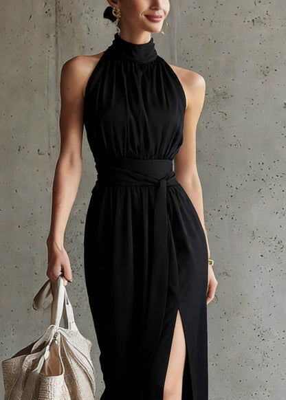 French Black Stand Collar Tunic Solid Maxi Dress Summer