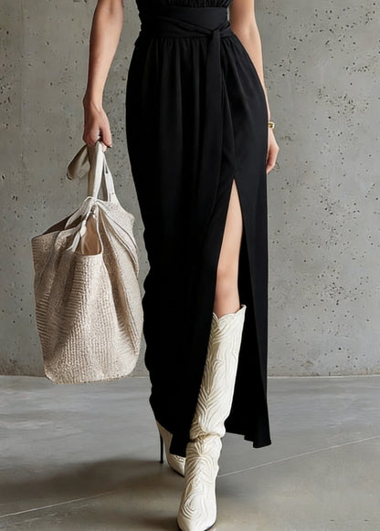 French Black Stand Collar Tunic Solid Maxi Dress Summer
