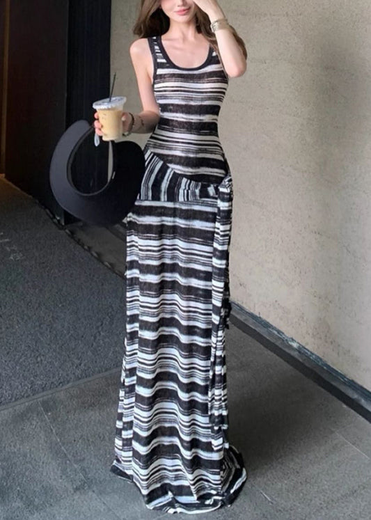 French Black Striped False Two Pieces Cotton Robe Dresses Sleeveless