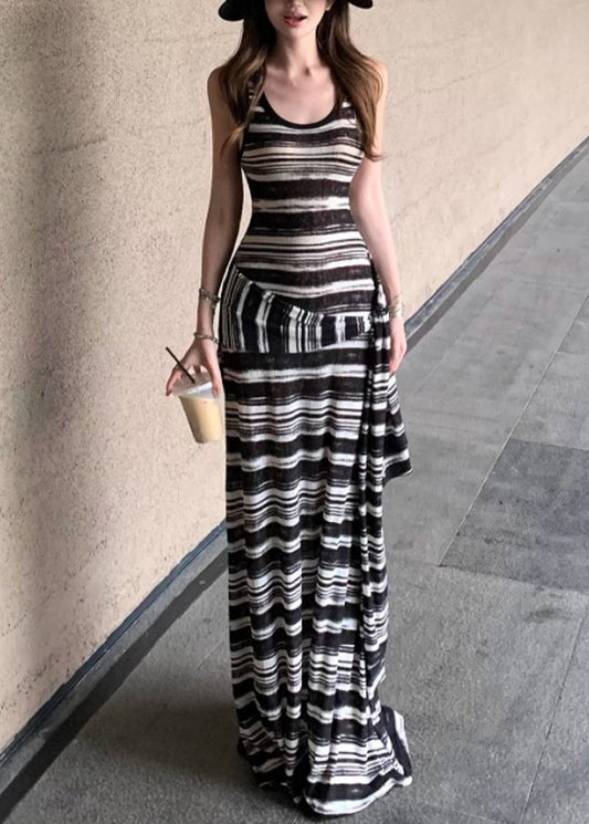 French Black Striped False Two Pieces Cotton Robe Dresses Sleeveless