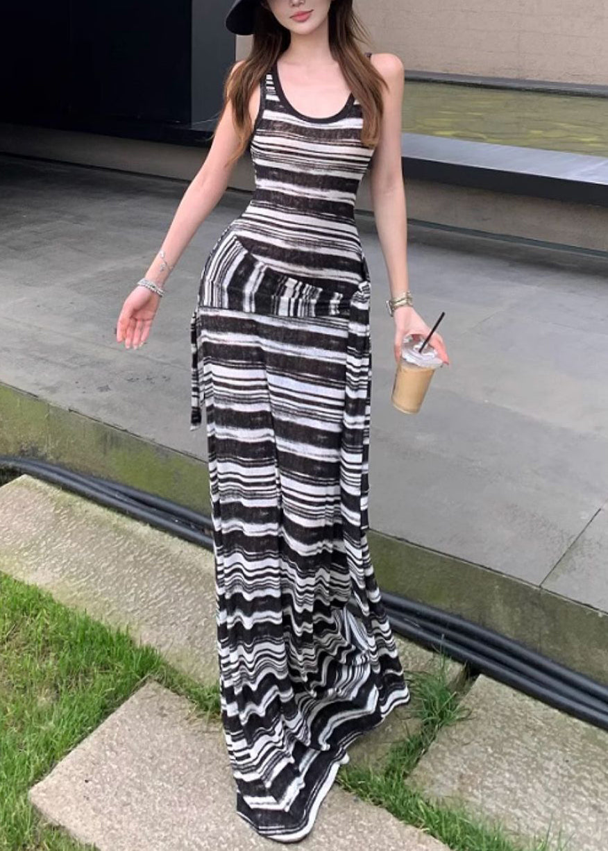 French Black Striped False Two Pieces Cotton Robe Dresses Sleeveless