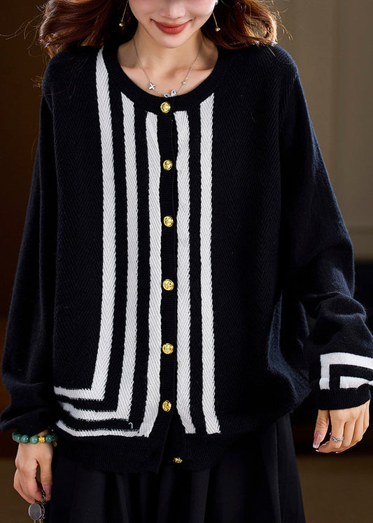 French Black Striped Patchwork Woolen Sweaters Spring