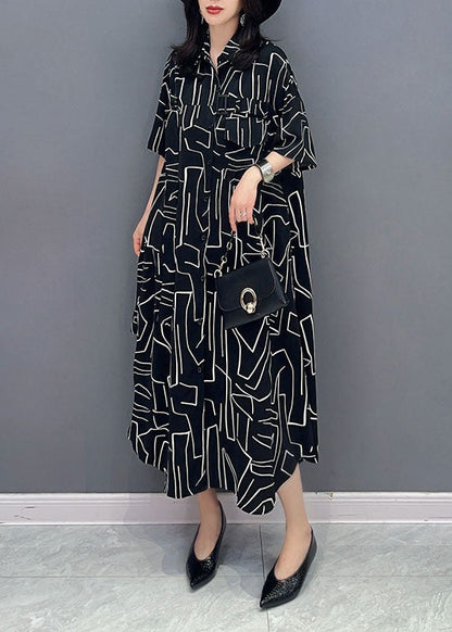 French Black Striped Pockets Patchwork Cotton Shirts Dress Summer