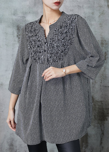 French Black Striped Wrinkled Cotton Shirt Top Half Sleeve