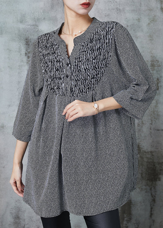 French Black Striped Wrinkled Cotton Shirt Top Half Sleeve