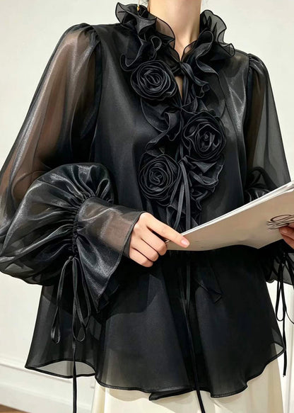French Black Tie Lace Ruffled Floral Shirt Fall
