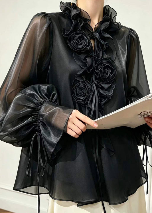 French Black Tie Lace Ruffled Floral Shirt Fall