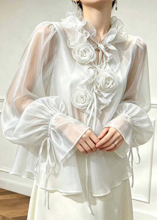 French Black Tie Lace Ruffled Floral Shirt Fall