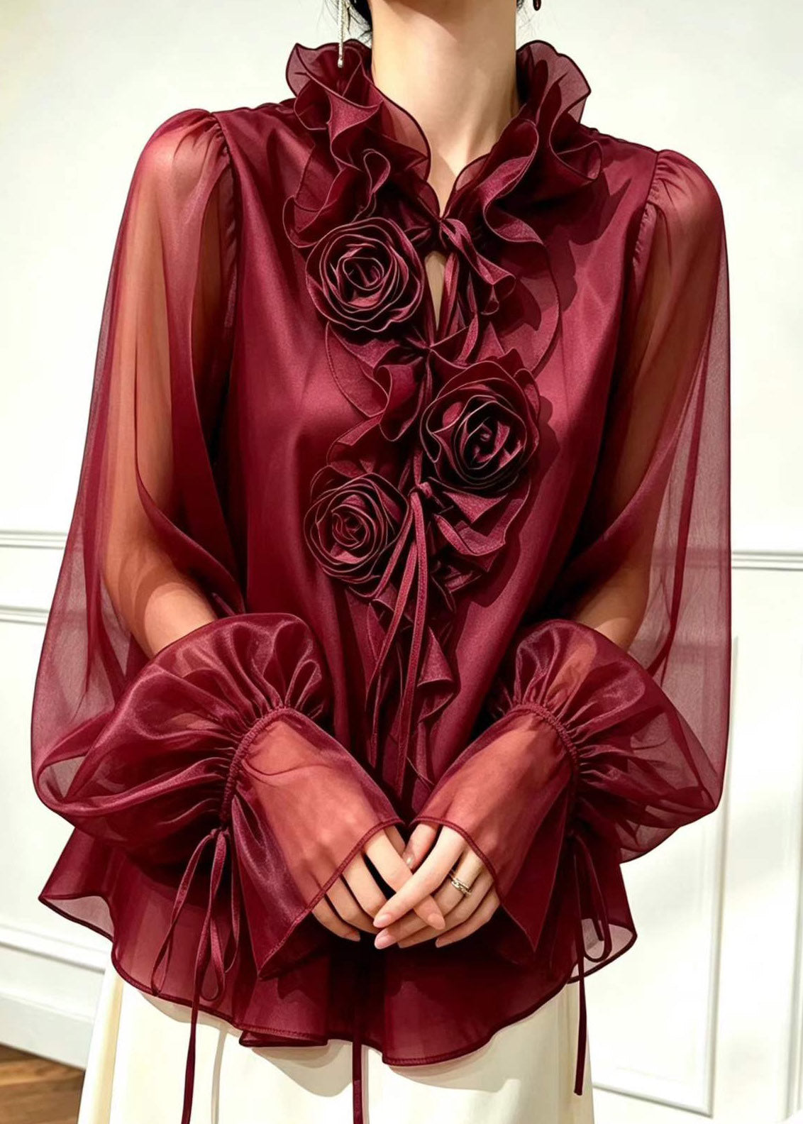 French Black Tie Lace Ruffled Floral Shirt Fall