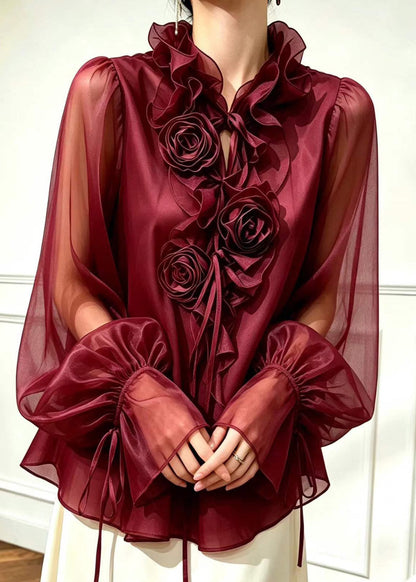 French Black Tie Lace Ruffled Floral Shirt Fall