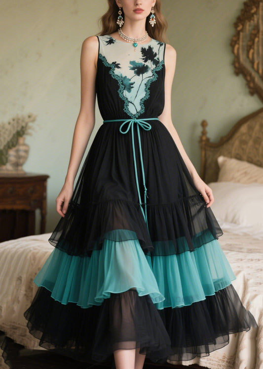 French Black Tunic Patchwork Tulle Evening Dress Sleeveless