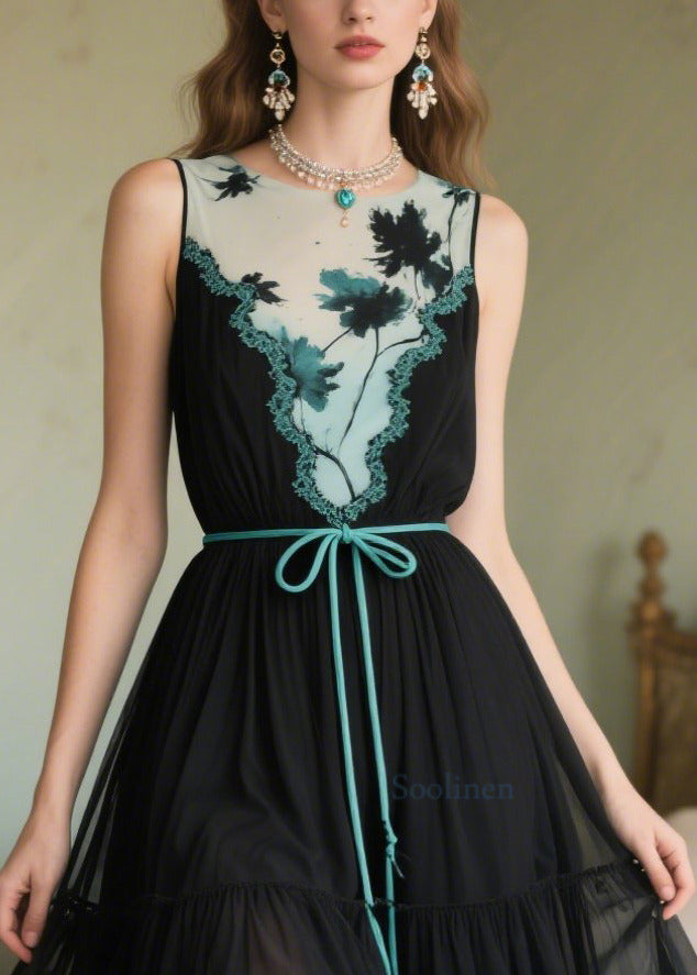 French Black Tunic Patchwork Tulle Evening Dress Sleeveless