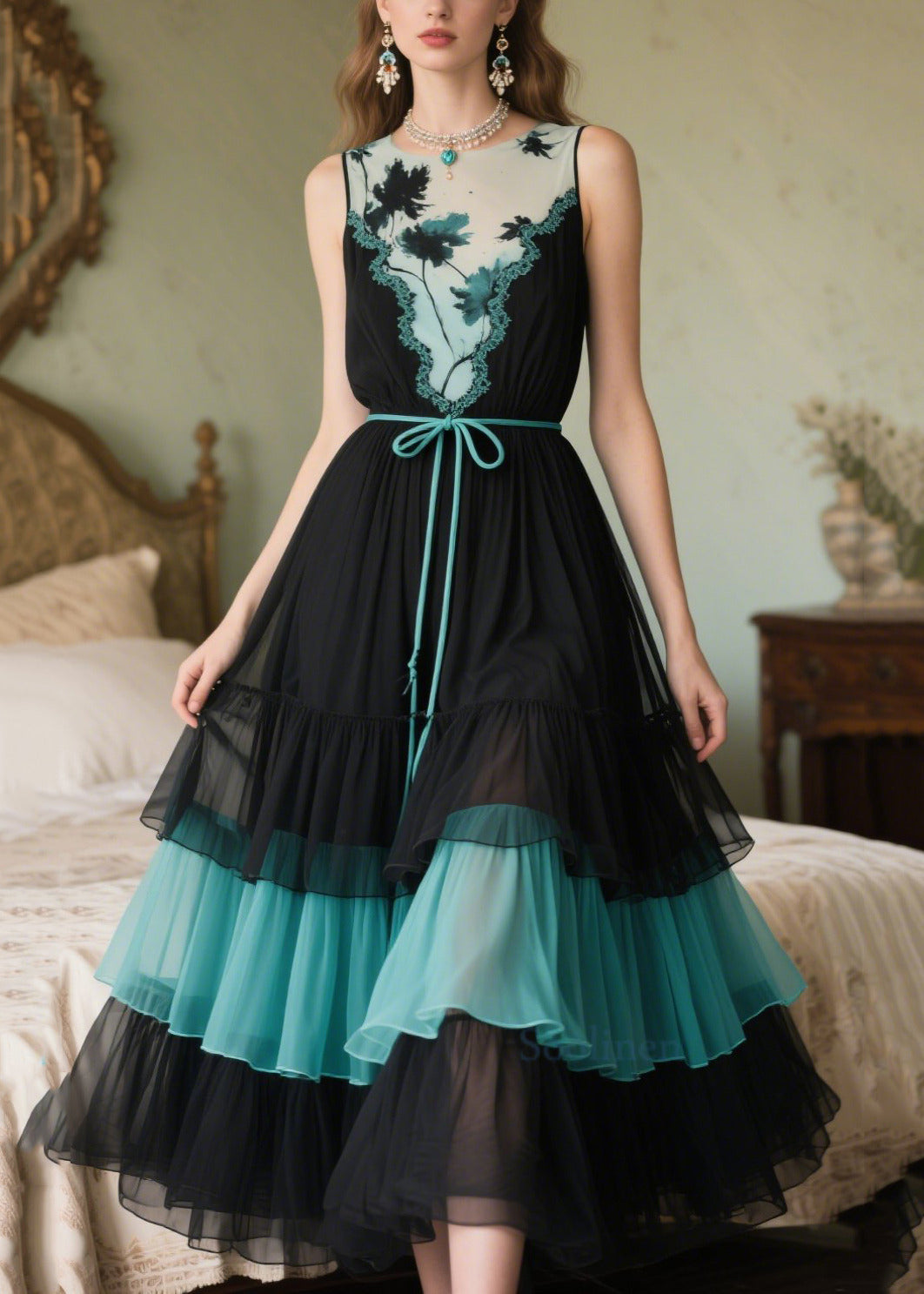 French Black Tunic Patchwork Tulle Evening Dress Sleeveless