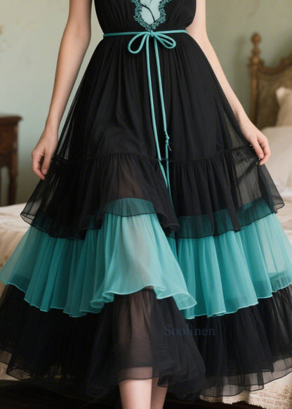 French Black Tunic Patchwork Tulle Evening Dress Sleeveless