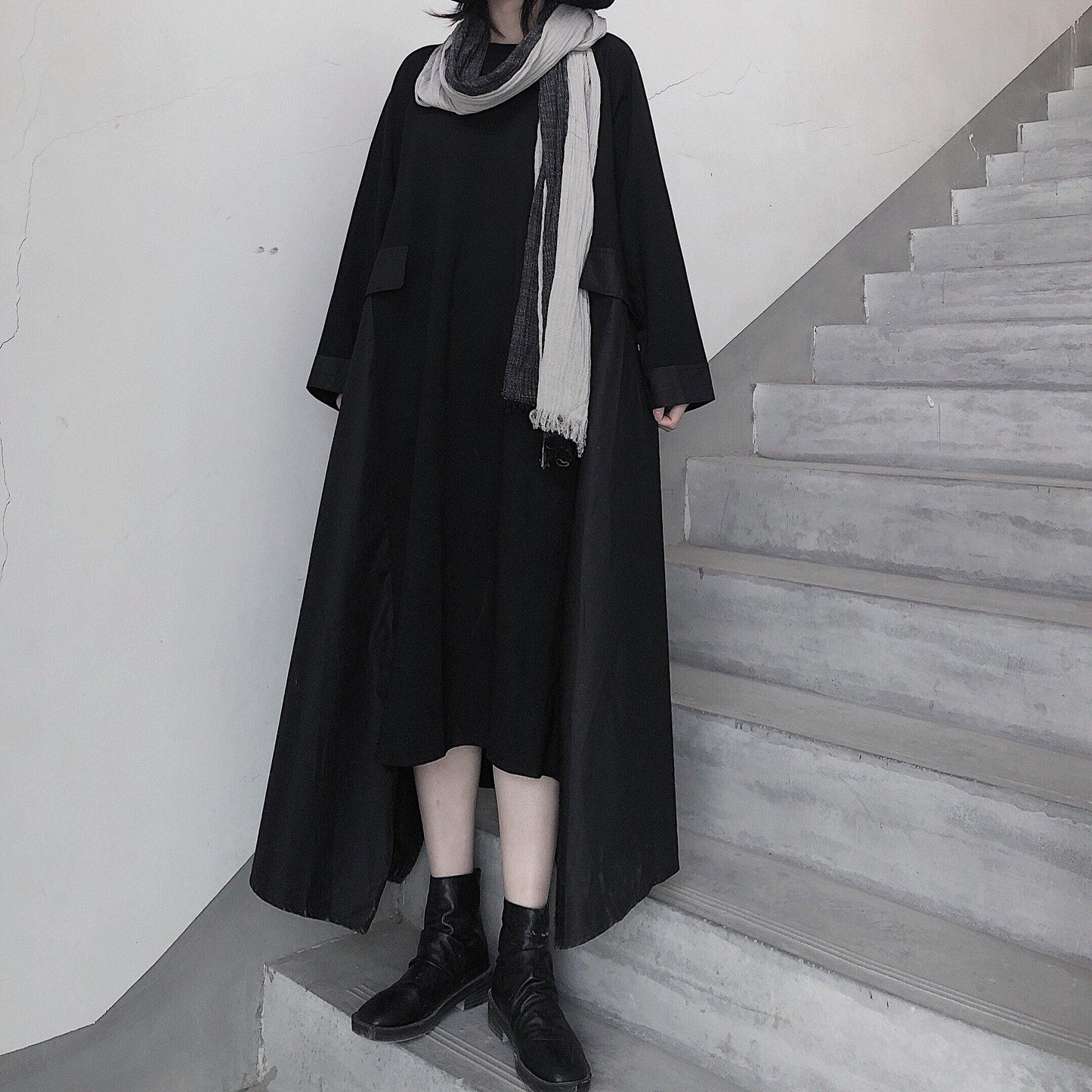 French Black Tunics O Neck Asymmetric A Line Spring Dress - SooLinen