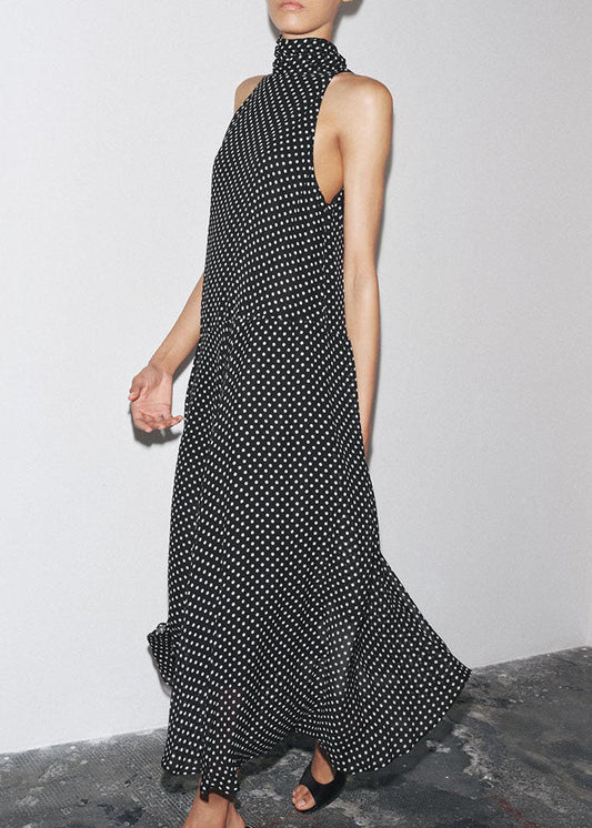 French Black Turtleneck Dot Lace Up Chiffon Long Dress Summer