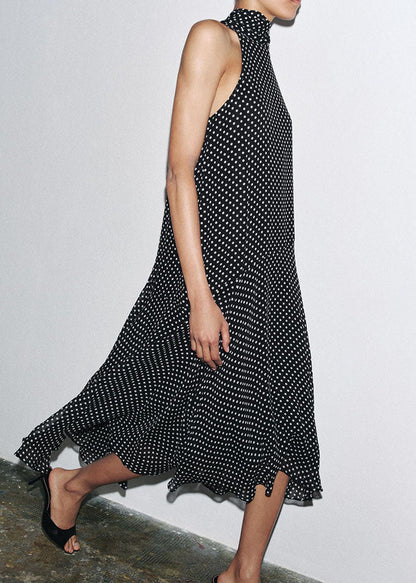 French Black Turtleneck Dot Lace Up Chiffon Long Dress Summer