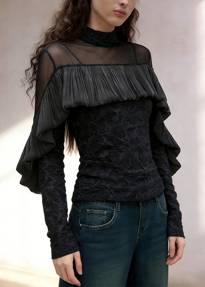 French Black Turtleneck Ruffled Tulle Patchwork T Shirt Spring