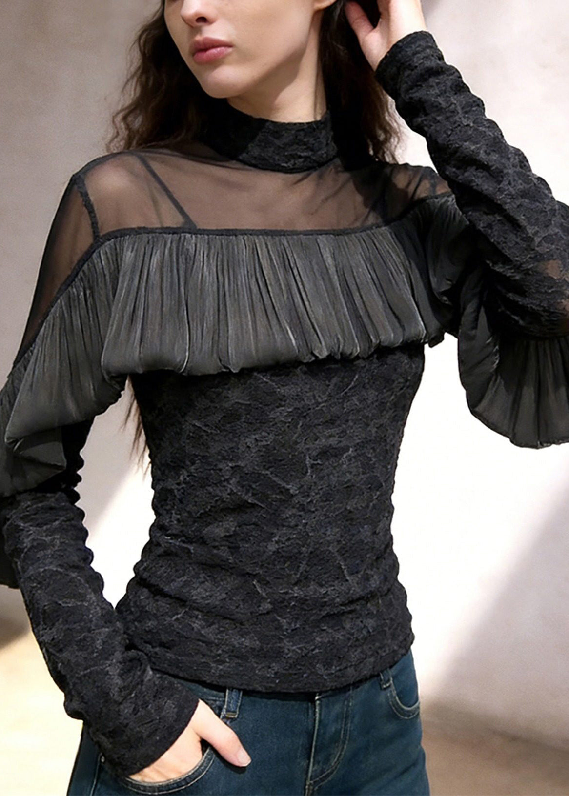 French Black Turtleneck Ruffled Tulle Patchwork T Shirt Spring